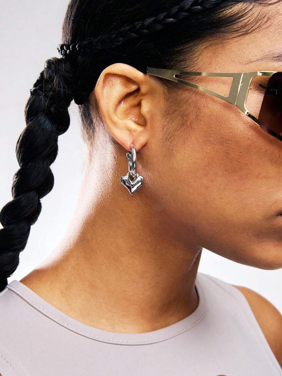 Heart Drop Earrings - Silver - View 1