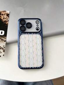 Blue Bow & Floral Print Phone Case With Metallic Orange Electroplated Frame & Integrated Camera Lens Protector For IPhone 16 17 16 15 14 13 12  Pro Max Plus Aesthetic Coquette Ribbon Shockproof Soft TPU Clear Cover - Blue - View 7