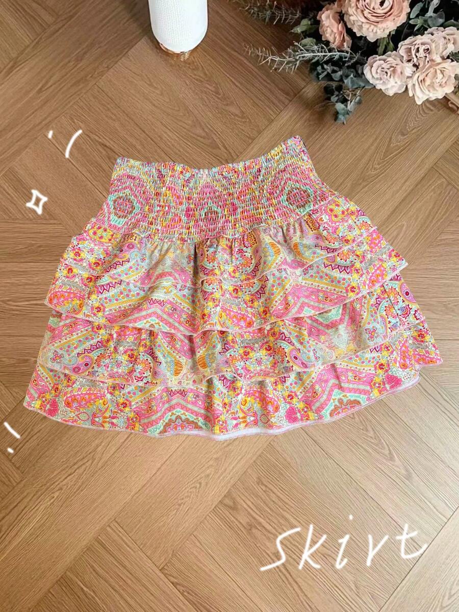 Chân váy INS Vacation Romantic Pop Art Print Ruffle Hem Puff Skirt, co giãn, phù hợp với dáng người quả lê, váy ngắn mùa hè. - Màu Hồng  Dưa hấu - Xem 1