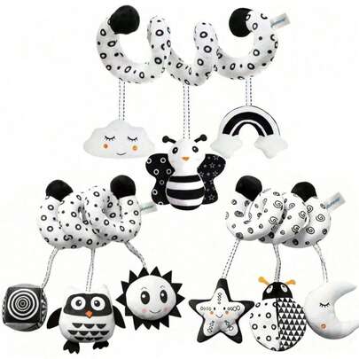 Black & White Spiral Hanging Plush Doll, High Contrast Newborn Baby Activity Gift