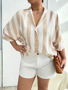 Áo sơ mi kẻ sọc đơn giản, rộng rãi, thời trang, đa năng dành cho nữ cỡ lớn mùa xuân và hè, áo kiểu thường ngày cho nữ, trang phục đi nghỉ mát cho nữ - Màu be - Xem 9