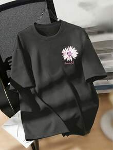 Tween Girl Floral Print Round Neck T-Shirt, Summer Top - Dark Grey - View 6