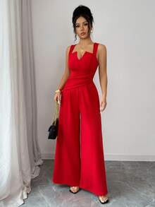 abyoxi Burgundy Pleated Jumpsuit - Luxurious Elegant Style - Red - View 3