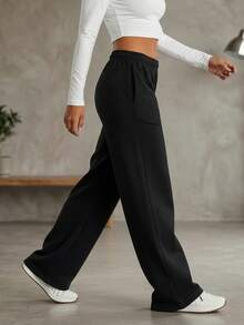 Wide Leg Sweatpants, Comfortable And Casual - 黑色 - 查看 3