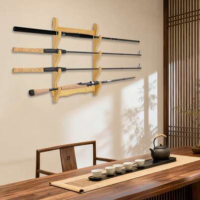  Eatssode 4-Layer Wandhalter Schwert Stand, Display Stand, Flöte Lampen Ständer, Bambus Wand-Mounted Storage Rack, für Schwert, Flöte, Angelrute, Wohnzimmer Dekoration
