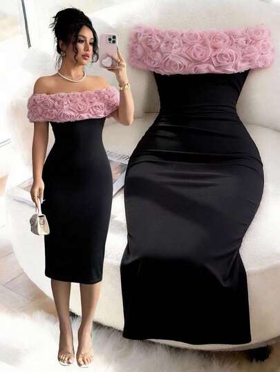 Women's Summer Knit Dress With 3D Rose Floral Patchwork, Off-Shoulder Fitted Design, Elegant Casual Sexy Style, Suitable For Dates, Gatherings And Parties, New Valentine's Day Party Dress