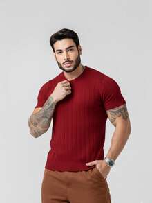 Men's Lightweight Textured Knit T-Shirt, High Quality Premium Spring/Summer 26 - Red - View 4