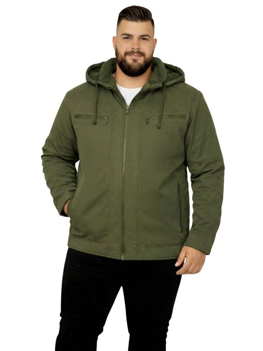 Men's Plus Size Lined Twill Jacket With Pockets - Green - View 1