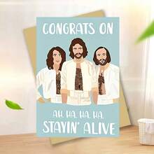 1pc "Nostalgic Bee Gees 'Congrats On Stayin' Alive' Birthday Card"Cheerful Celebration Card – Soft Sky Blue Backdrop, Stylized Illustration Of The Bee Gees In Iconic White Outfits, Humorous "Stayin' Alive" Lyric Pun, Birthday Card With Envelope, Blank Inside For Personal Notes, Perfect Gift For Bee Gees Fans, Music Lovers, Friends & Family To Celebrate Birthdays With Nostalgic, Playful Charm, Delightful Card Blending Retro Art & Festive Humor - Single Piece - View 10