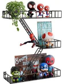 Estantes Flotantes de Pared, Estantería de Pared Decorativos de Metal, Repisas para Recamara Sala de Estar Capacidad Máxima de Peso 40 Libras Organizador Decorativo de Pared Libros Figuras (3 Niveles) - 1 - Ver 2