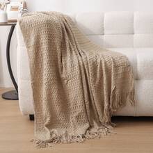 1pc Solid Color Knitted Blanket, Nordic Style Tasseled Design Soft Throw Blanket, Suitable For Office Nap, Bed, Sofa, Daily Use - Khaki Shell Scarf - View 6