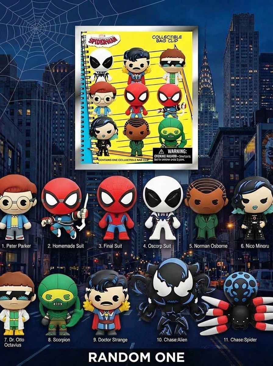 Marvel 漫威官方授权盲盒动漫人物钥匙扣蜘蛛侠3D立体人偶包夹挂件惊喜背包装饰礼品1个 - 彩色 - 查看 1