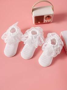 3 Pairs Spring/Summer Baby/Toddler Girls' Socks, Solid Color Mesh Lace Embroidered Ruffle Trim Soft Breathable Cute Princess Style Socks, Suitable For Daily Wear, Holidays, Travel, Matching Princess Dresses - Multicolor - View 12