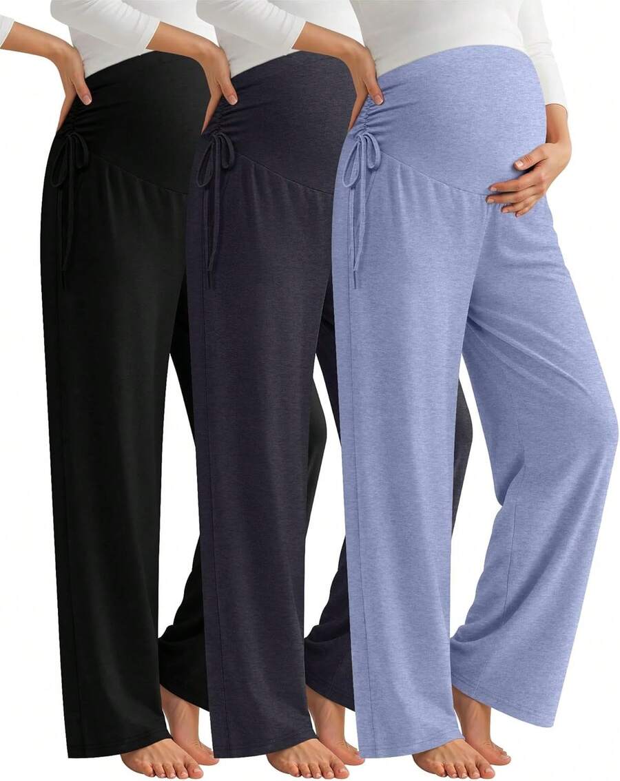 ¡RecomendadoNeer - Paquete de 3 pantalones de maternidad para mujer sobre el vientre, holgados para embarazo, pantalones elásticos de pierna ancha con bolsillos¡Top de Temporada - Gris claro, gris oscuro, negro - Ver 1