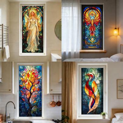 1/4 piezas Pegatinas de ventana de vidrio de colores con ángel y fénix, película de PVC reutilizable con estática, para decoración de baño, oficina, estudio, dormitorio, regalo de inauguración de la casa