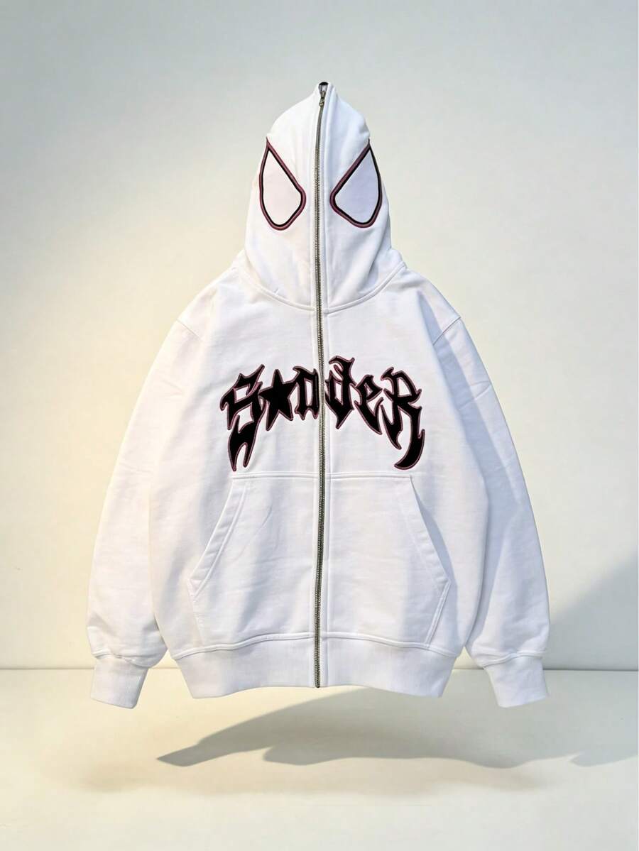 A Piece Of Men's Casual Sports Sweatshirt - Solid Color, Long Sleeve, Knit Fabric, H-Fit, For Hiking & Outdoor Activities, Polyester, Round Neck, Athletic Style Top For Fall/Winter,Spider Graphic Hoodies ,Zip Hoodies Men - 白色 - 查看 1