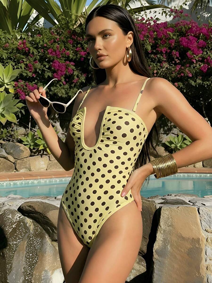 2026 Women's Polka Dot Hollow One-Piece Swimsuit, Deep U-Neck Ruched Bandeau Style, Summer Beach Vacation, Detachable Shoulder Strap Bikini Swimsuit