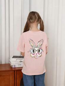 Young Girl Casual Funny Print Round Neck Short Sleeve T-Shirt, Summer Top - Pink - View 2