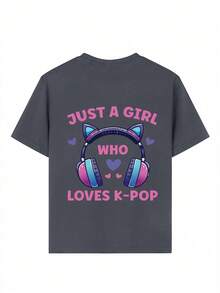Young Girl Casual Graphic Print Crew Neck Short Sleeve T-Shirt, Summer Top - Dark Grey - View 6