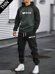 男士轻薄面料个性字母印花撞色连帽衫和长裤套装，时尚休闲男装，带口袋和抽绳腰带的长裤两件套，适合凉爽的秋季天气 - 彩色 - 查看 1