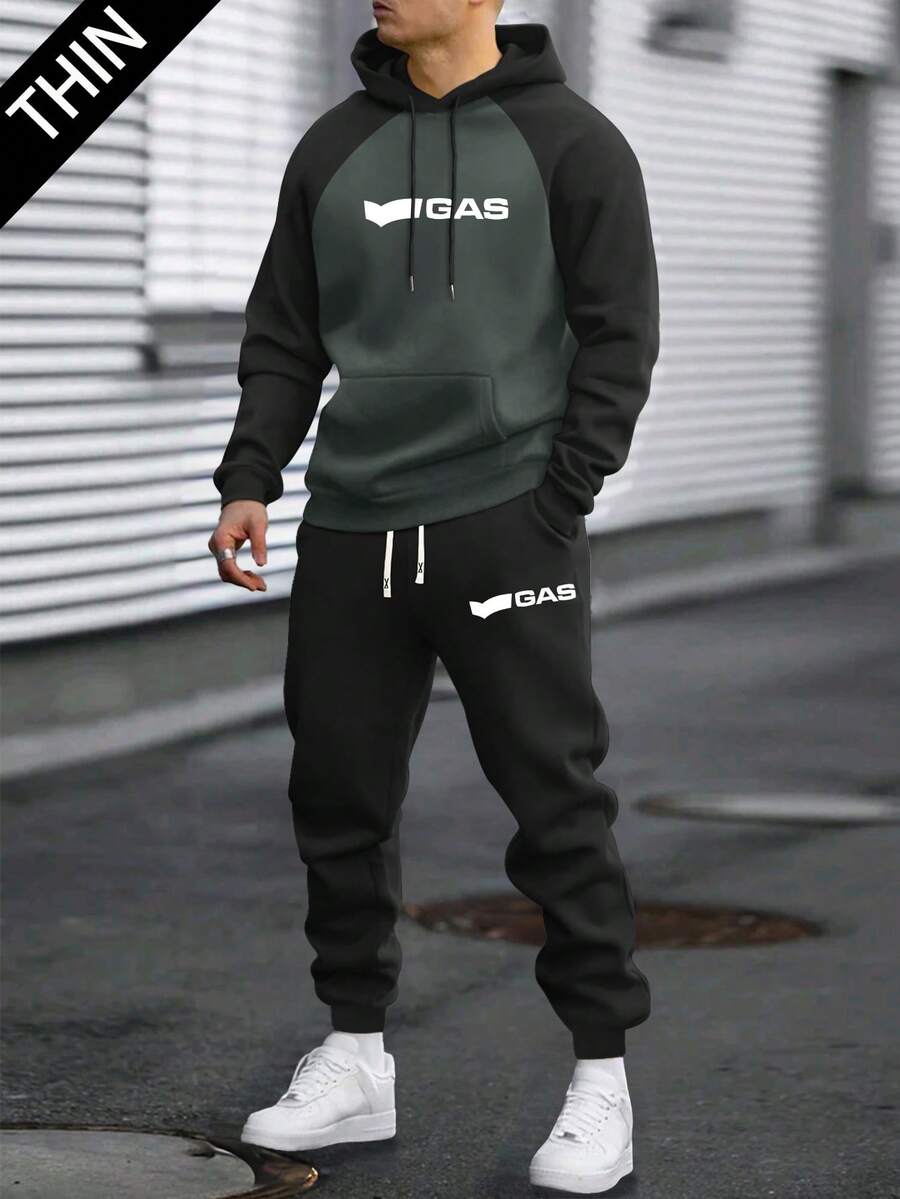 男士轻薄面料个性字母印花撞色连帽衫和长裤套装，时尚休闲男装，带口袋和抽绳腰带的长裤两件套，适合凉爽的秋季天气 - 彩色 - 查看 1