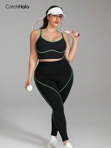 Plus Size Women Seamless Wireless Low U-Neck Patchwork Yoga Sports Bra Top Summer - Black/Green - View 11