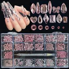 KIRAME 21槽DIY美甲K9玻璃粉色扁平钻石套装 - 每种类型30颗高光泽钻石，配1支钻笔，美甲宝石，美甲沙龙，居家美甲，美甲用品，圣诞节，新年，情人节美甲，节日礼物，适用于手工艺品、服装、织物、鞋子、玻璃制品、珠宝制作 - 多尺寸闪亮美甲装饰 - 粉色 - 查看 7