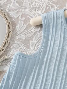 Young Girls' Fresh & Sweet Vertical Stripe Sleeveless Lace Bow Camisole + Matching Wide Leg Pants 2 Pieces Set, Spring/Summer - Blue - View 4