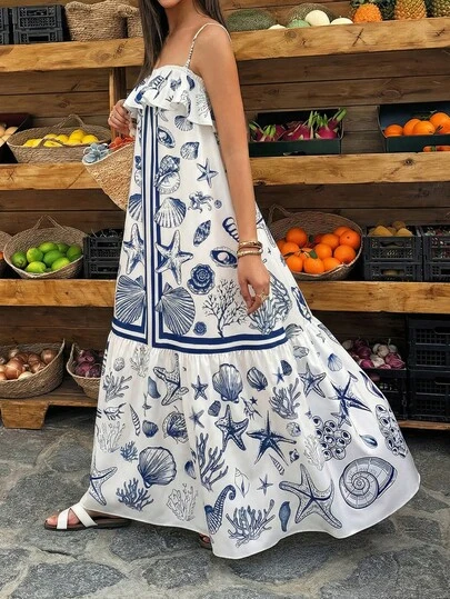 Women's Sleeveless A-Line Starfish Print Dress, Suitable For Beach Vacation And Casual Daily Wear, Spring/Summer