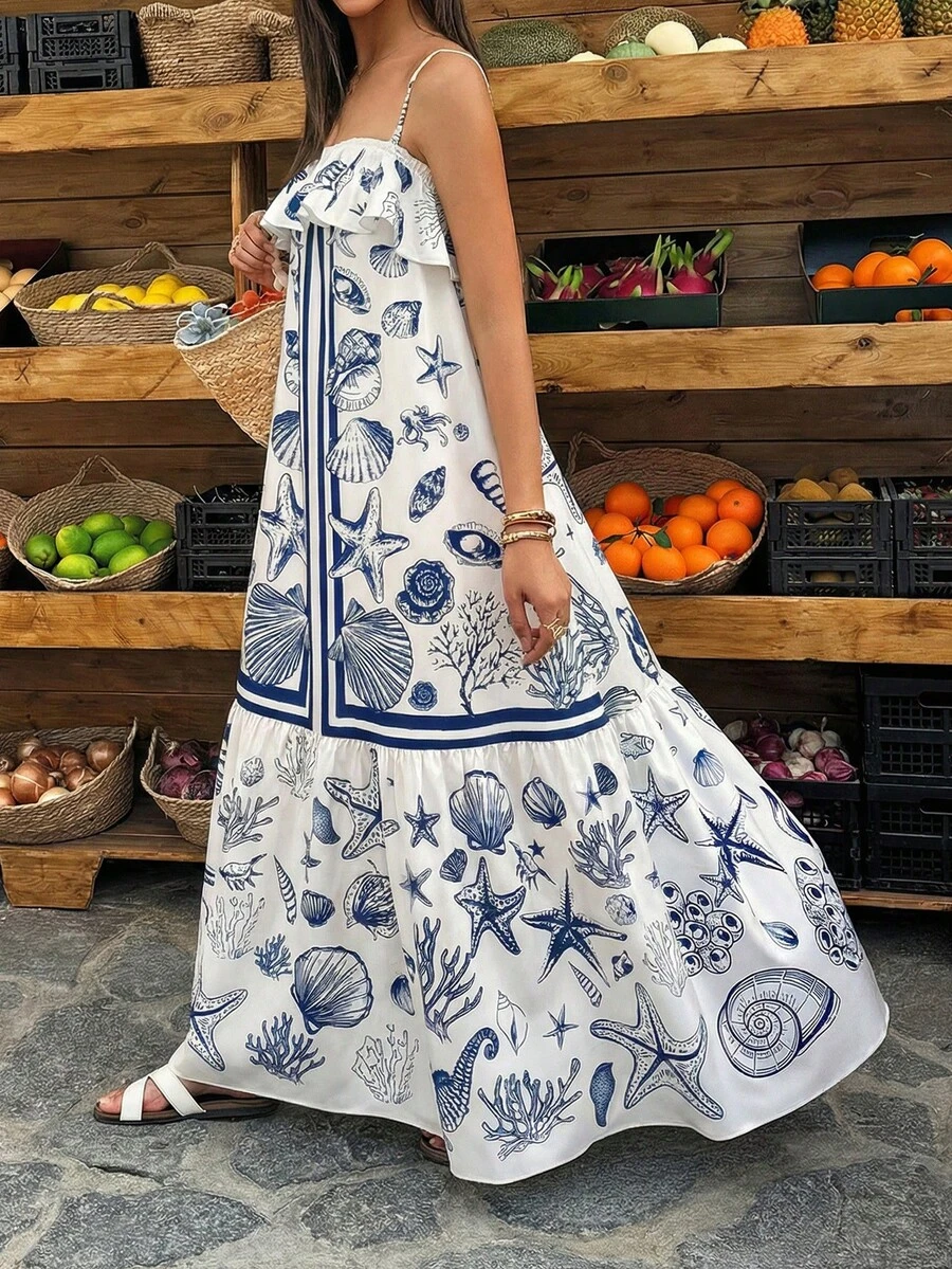女士无袖A字海星印花连衣裙，适合海滩度假和日常休闲穿着，春夏款 - 藍白色 - 查看 1