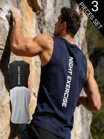 男士夏季无袖背心三件套：速干渐变色背心，带有“夜间锻炼”反光印花，适合运动、健身、健身房、海滩、攀岩和其他户外活动。