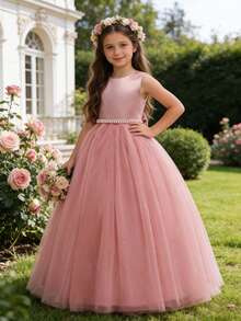 优雅粉色花朵花童裙配珍珠蝴蝶结，公主裙，适合婚礼、舞会、派对、生日、圣诞节 - 粉色 - 查看 6