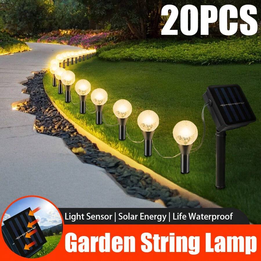 20pcs Solar Powered Garden Lights, Outdoor Auto On/Off 8 Lighting Modes Warm White, No Wiring Required