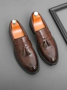 Men's Fashion Tassel Platform Loafers Comfortable Wide Round Toe Slip On Lug Sole Low Block Heel Business Dress Shoes Non-Slip Work Office Casual Shoes - 棕色 - 查看 4