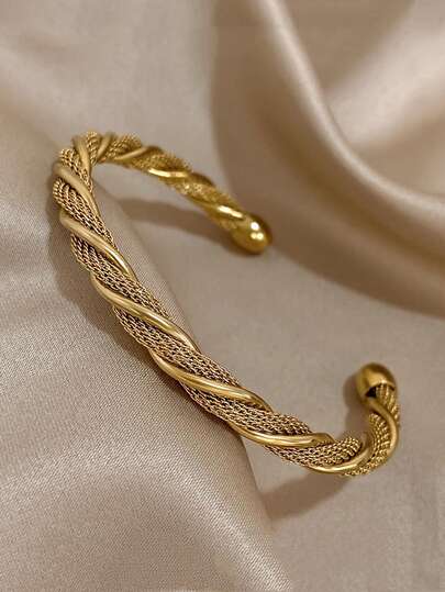 1 pieza Brazalete vintage trenzado de acero inoxidable - Brazalete abierto en forma de C retorcido, estilo retro