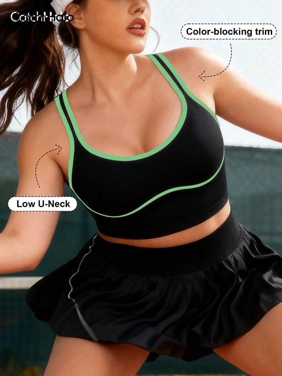 Plus Size Women Seamless Wireless Low U-Neck Patchwork Yoga Sports Bra Top Summer