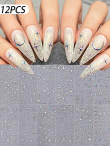 12pcs/Set 3D Black Starlight Moon Nail Art Sticker Bohemia Style Sun Snake 12Constellation Nail Decals Adhesive Nail Supplies 8*10cm - Multicolor - View 2