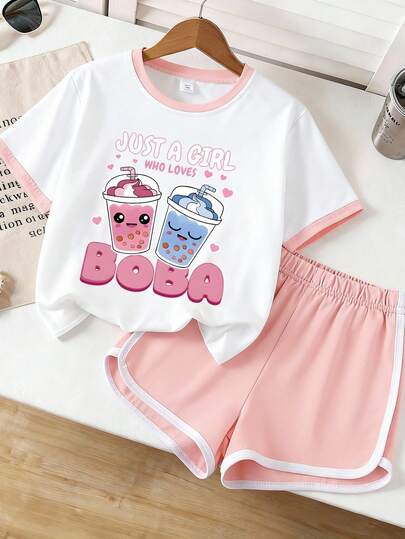 2pcs/Set Girls Cute Bubble Tea Graphic T-Shirt And Shorts, Soft Comfortable Fabric, Spring/Summer Outfit