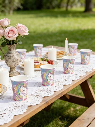Cartoon Unicorn Disposable Party Cups - 9oz Paper Cups For Birthday Picnic Camping Celebration Bridal Shower (10/25 Pcs)