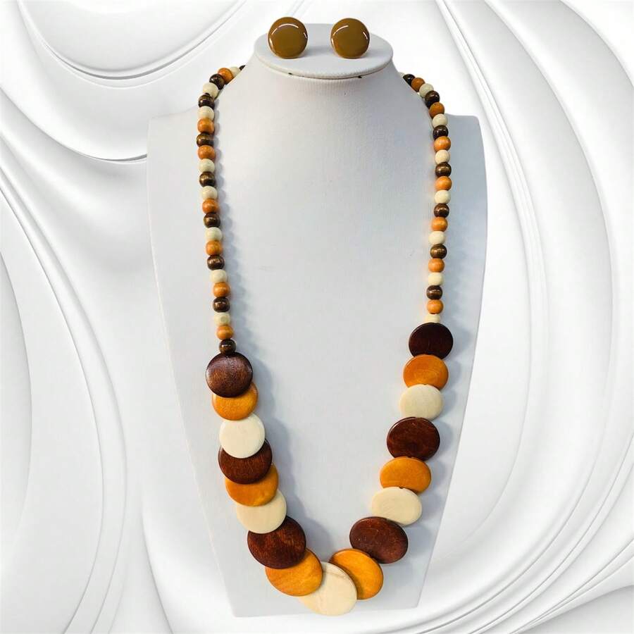 WOODEN NECKLACE WITH EARRINGS - MÀU NÂU - Xem 1