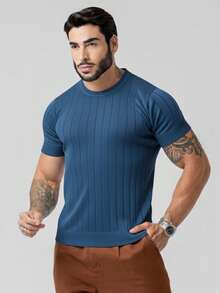 TRICOT DE LUXO Men's Lightweight Textured Knit T-Shirt, High Quality, Spring, Summer, Autumn, Premium Quality - 藍色 - 查看 7