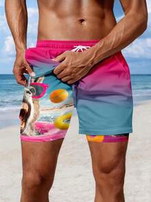 男士渐变印花双层口袋沙滩短裤，度假风 - 彩色 - 查看 2