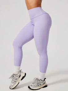 NcmRyu 1pc Women High Waist Solid Color Elastic Ruched Design Back Pocket Sports Pants Spring - Mauve Purple - View 6