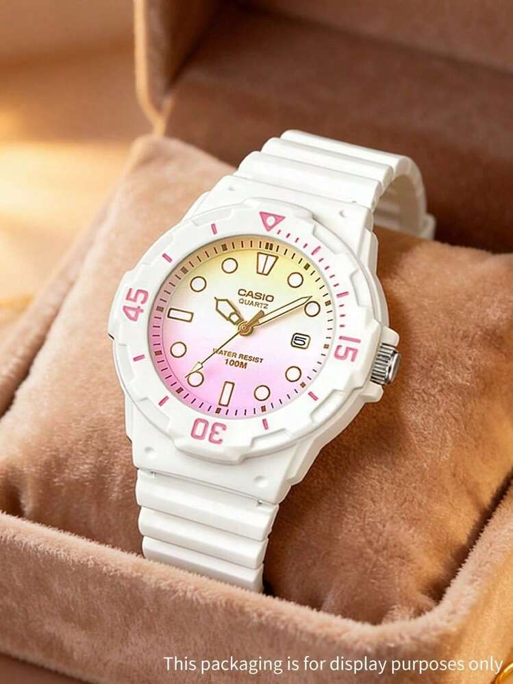 Casio 女士可爱白色树脂运动手表，甜美柔和彩虹渐变表盘带日期显示，时尚夏季女孩手表 LRW-200H-4E2 - 黃粉紅色 - 查看 4