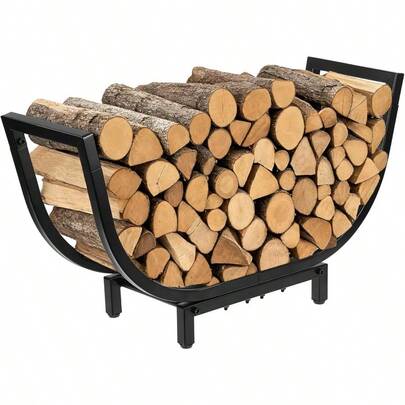 24 Inch Firewood Rack, Heavy Duty Curved Metal Wood Holder, Log Carrier Storage, Waterproof & Rustproof Firewood Organizer For Indoor Outdoor Fireplace, Patio & Deck (Black)