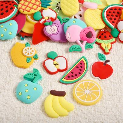 20/50/100pcs Assorted Cute Fruit Decor (Apple, Watermelon, Strawberry, Banana, Grape Etc.), PVC Soft Plastic Material, Suitable For Bags, Clothes, Shoes, DIY Jewelry Accessories, Random Mixed Delivery