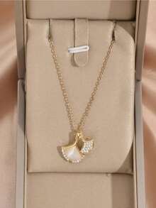 1pc Gold Stainless Steel Chain Plated Gold Cubic Zirconia Cat Eye Stone Ginkgo Leaf Pendant Necklace, Luxury Retro Fashion Minimalist Versatile Necklace For Women, Couples, Casual, Commute, Holiday, Party Wear - Gold - View 3