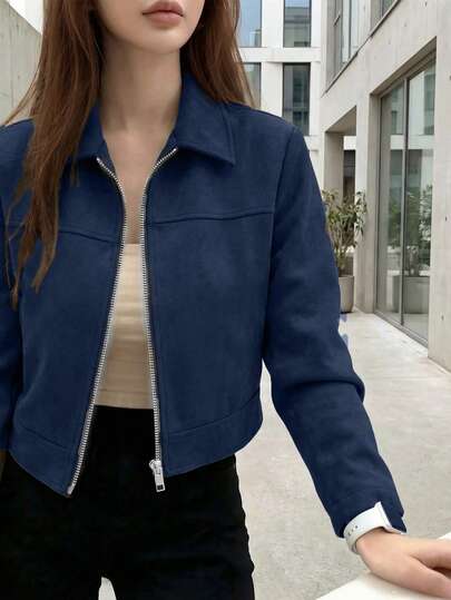 Women's Faux Suede Zip-Up Jacket With Collar, Suitable For School And Airport Casual Wear, Spring And Autumn