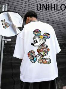 Disney UNIHLO  Street Life Men's Casual Loose  Mickey  Cartoon  Print Short Sleeve T-ShirtSummer - trắng - Xem 1