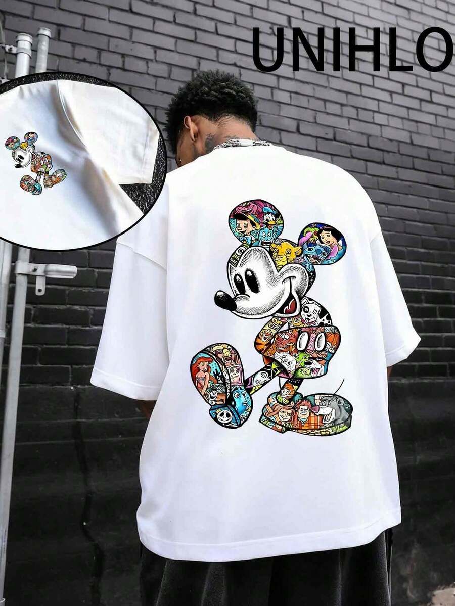 Disney UNIHLO  Street Life Men's Casual Loose  Mickey  Cartoon  Print Short Sleeve T-ShirtSummer - trắng - Xem 1